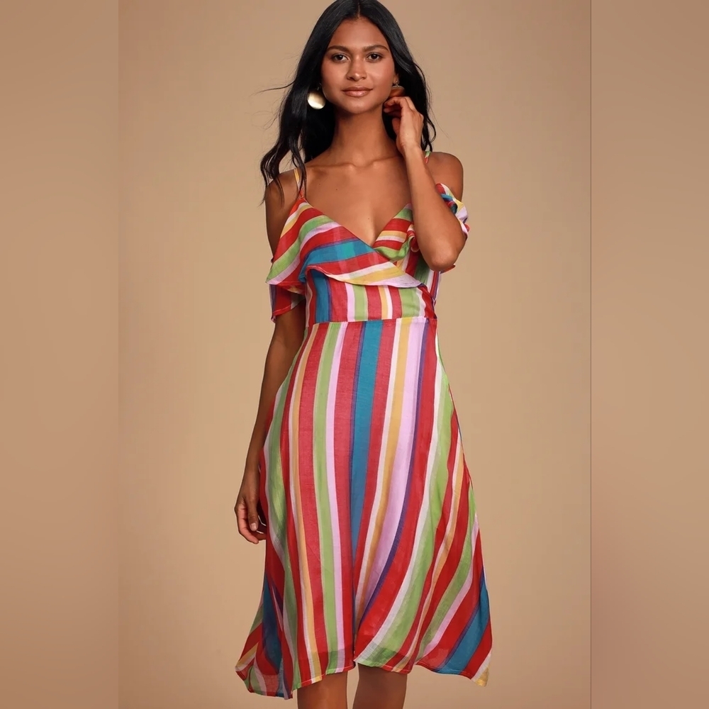 Lulu's Yacht Rock Red Multi Striped Off-the-Shoulder Midi Dress XL